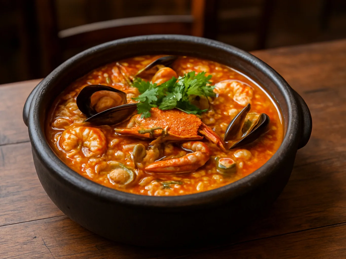 Riz aux fruits de mer servi en cocotte