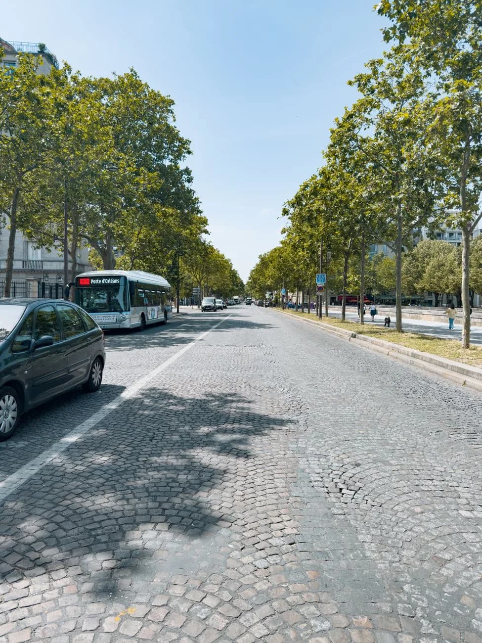 Grande avenue pavée bordée d'arbres à Lisbonne, avec bus et voitures
