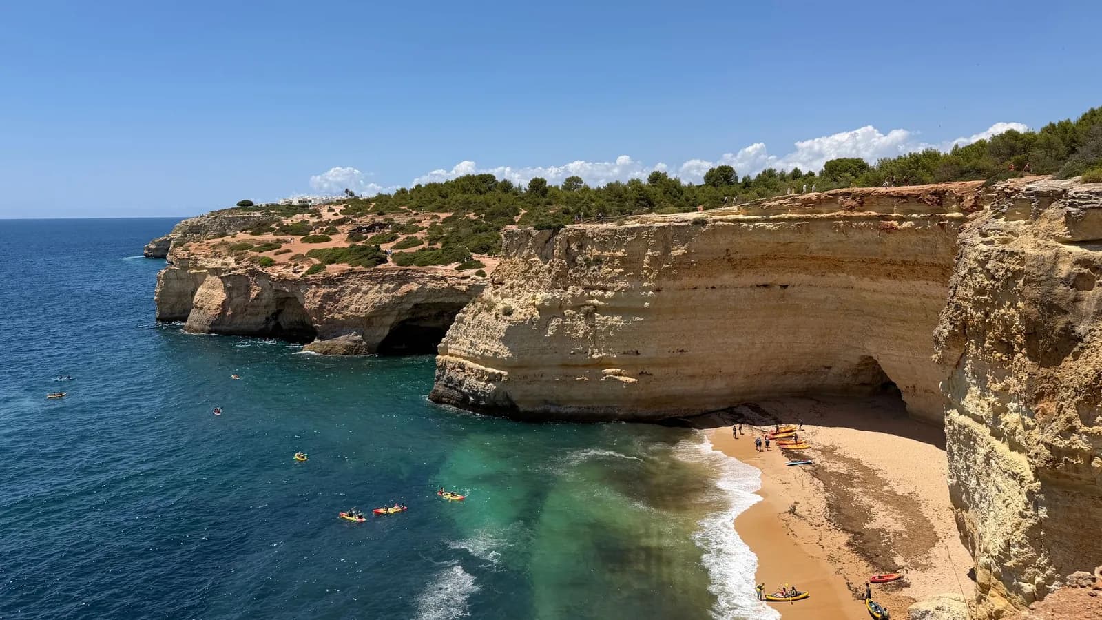 Kayaks de mer au pied de falaises ocre et d'une petite plage, avec des grottes marines