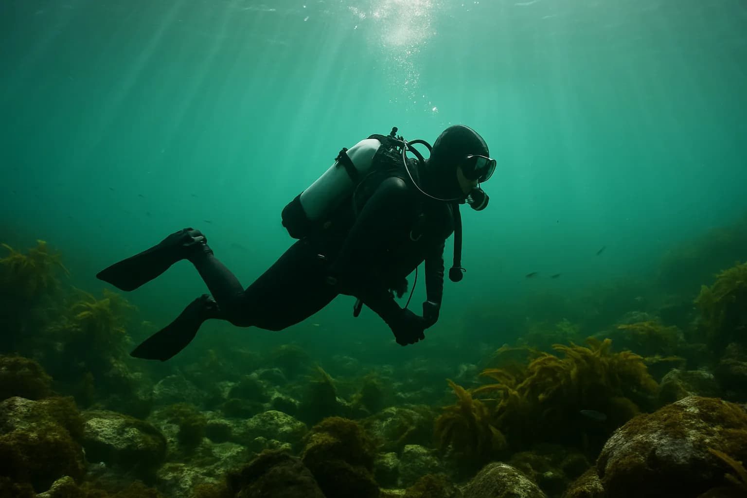 Plongeur en combinaison palmant au-dessus de fonds rocheux couverts d'algues, dans une eau verte de l'Atlantique