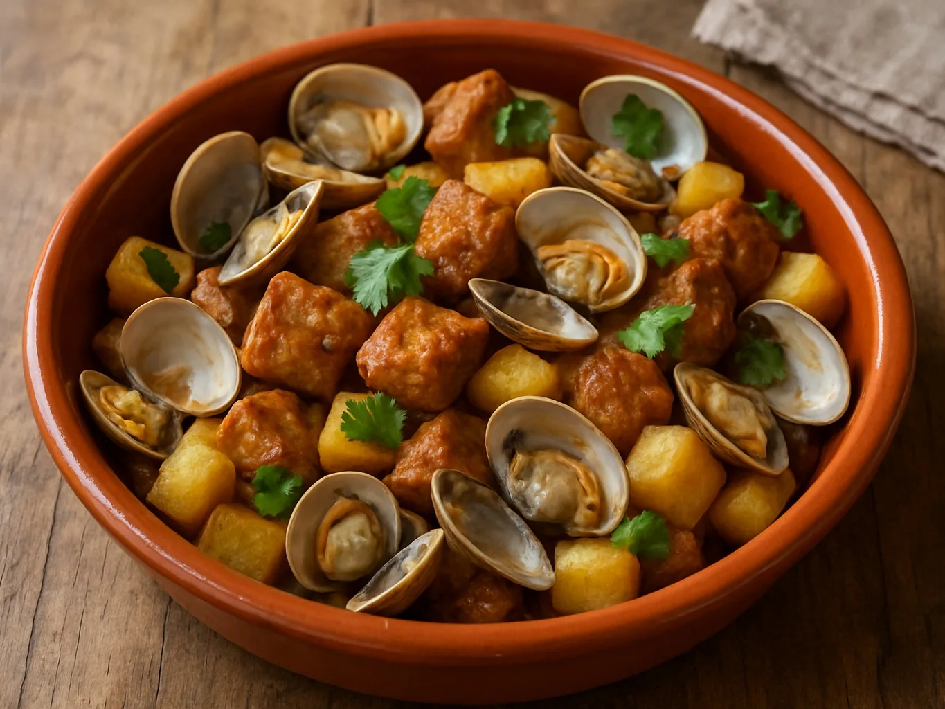 Porco à alentejana : porc mariné, palourdes, pommes de terre et coriandre dans un plat en terre cuite