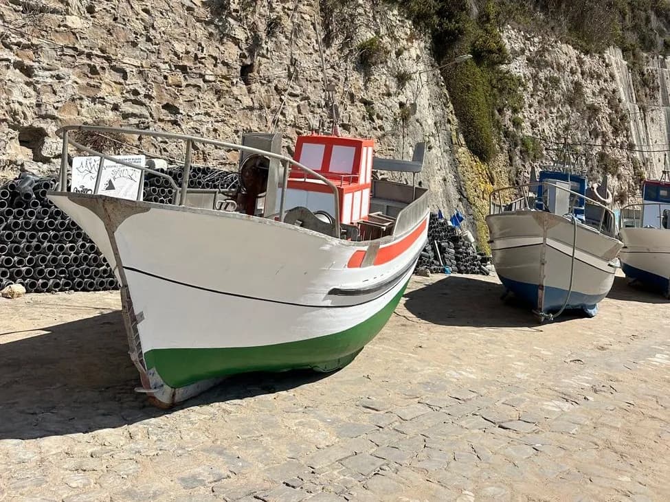 Bateaux de pêche en bois tirés sur les pavés d'un port de pêche portugais