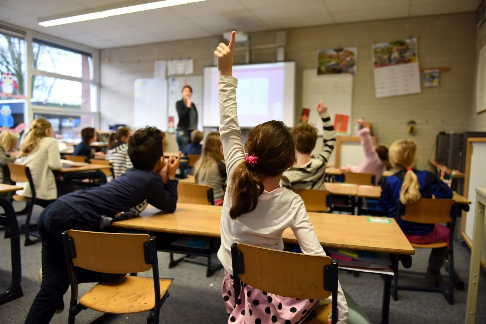 Élèves en classe, l'une lève la main
