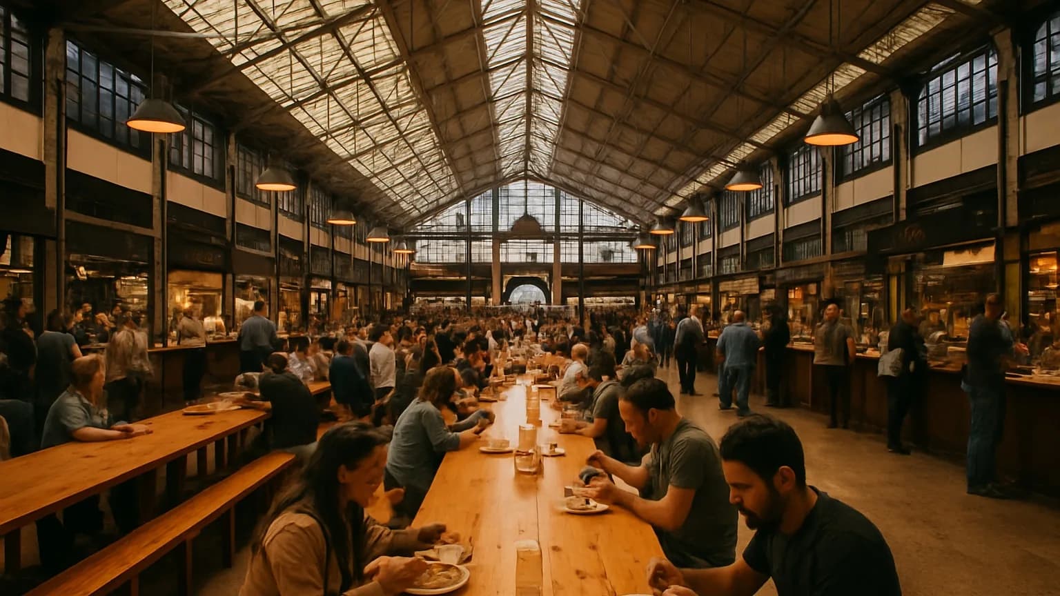 Grande halle couverte avec longues tables en bois partagées et stands de restauration le long des murs